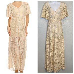 Elan Cream Lace Flutter Sleeve V-Neck Button Down Dress